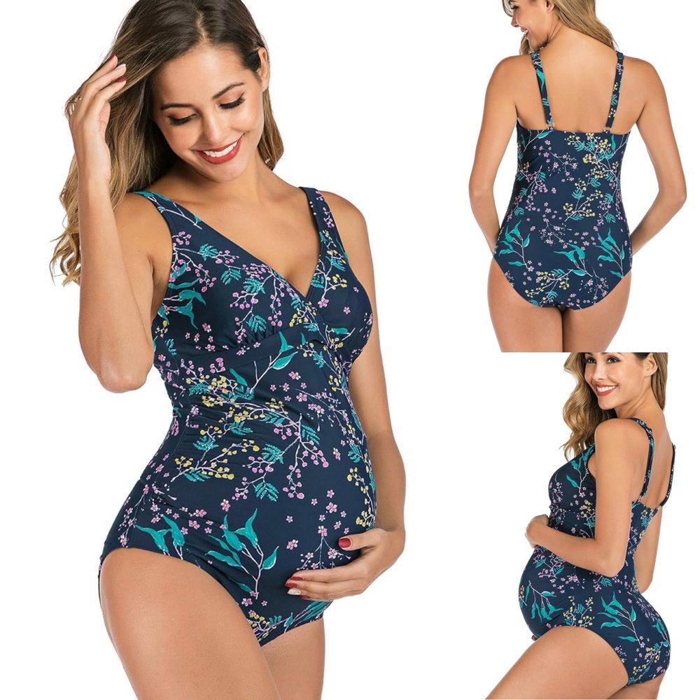 Maternity Floral Swimsuit One Piece Bathing Suits V-Neck Pregnancy, Large